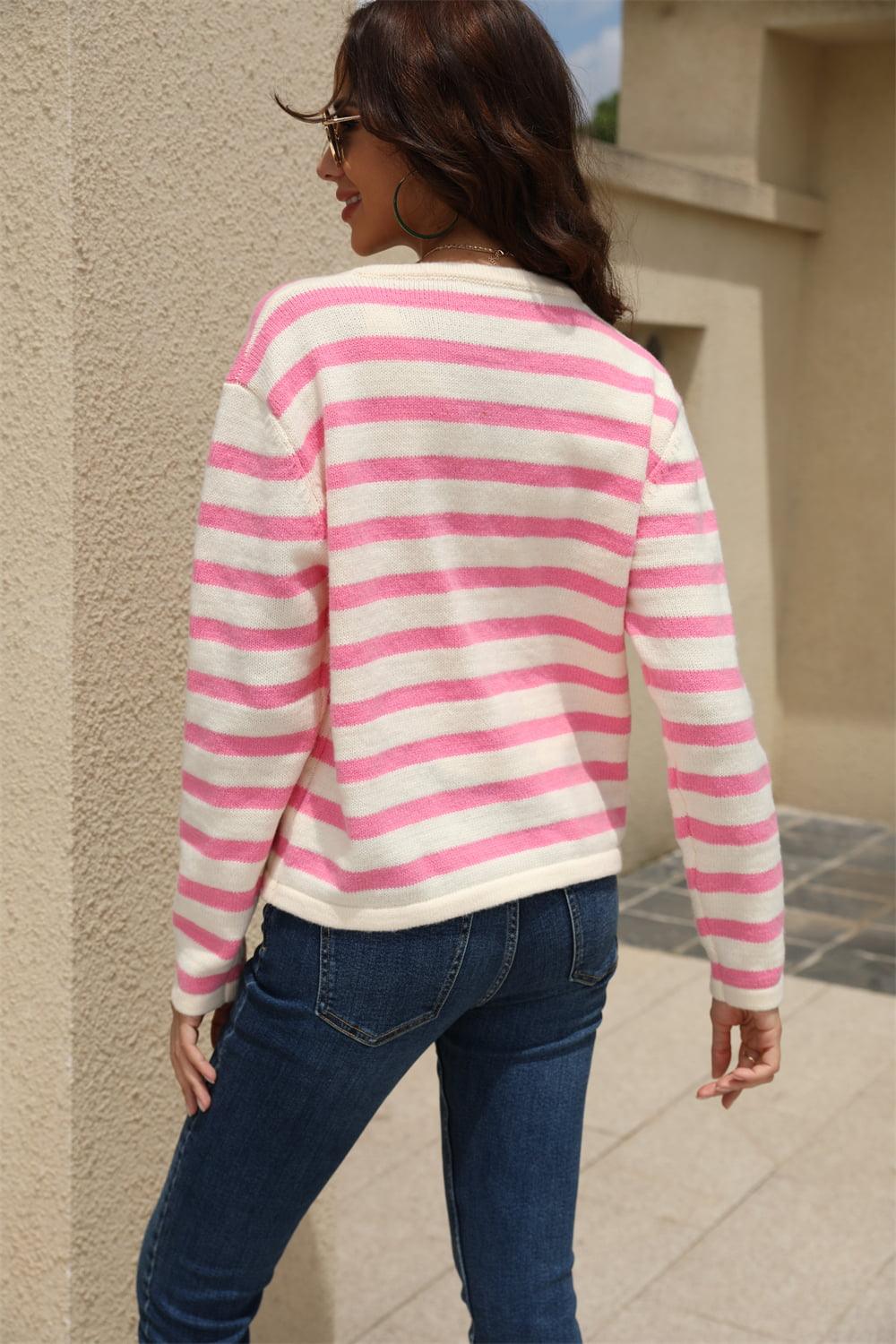 Angel Wings Striped Round Neck Button-Down Dropped Shoulder Cardigan Carauana Store