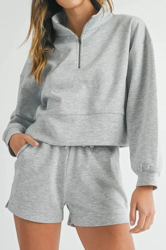 Half Zip Long Sleeve Top and Drawstring Shorts Set Carauana Store
