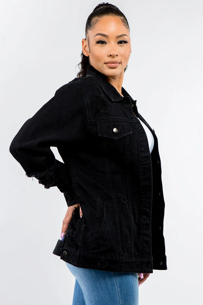 American Bazi Full Size Button Up Distressed Denim Jacket Carauana Store