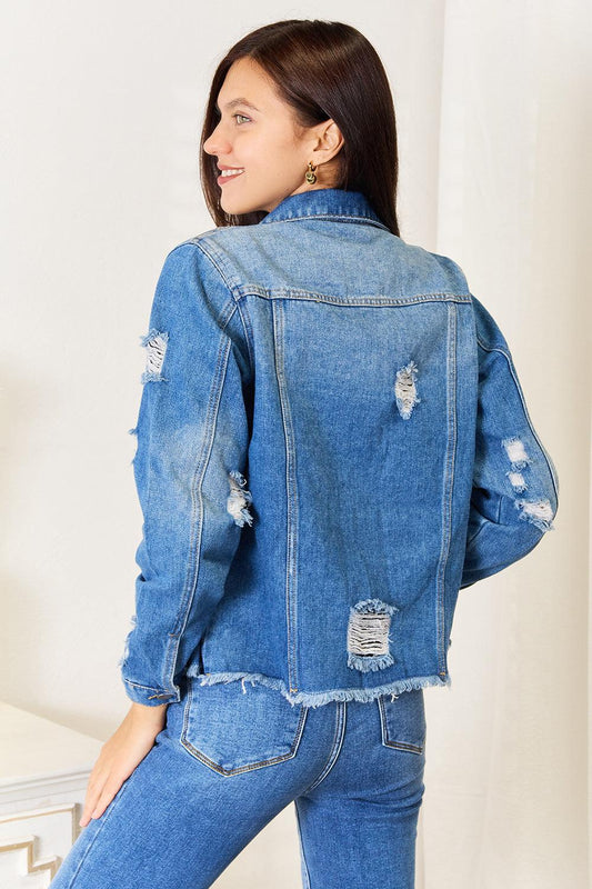Baeful Leopard Floral Distressed Raw Hem Denim Jacket Carauana Store