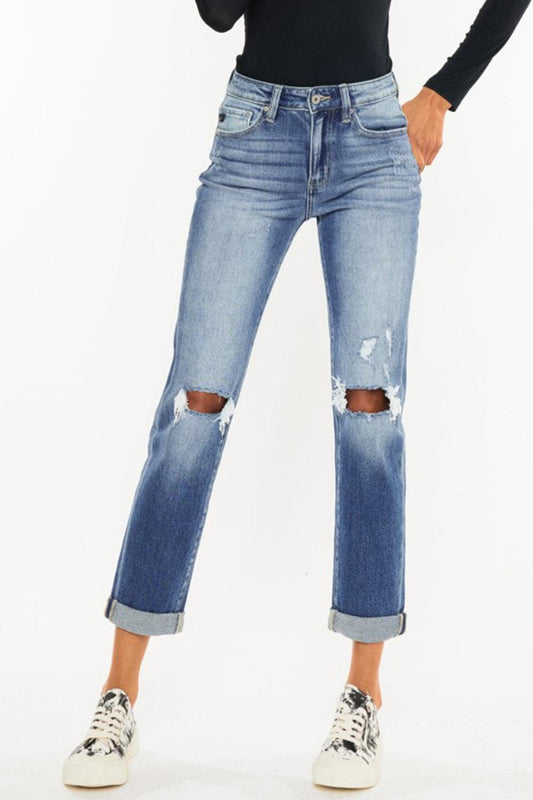 Kancan High Waist Distressed Hem Detail Cropped Straight Jeans Carauana Store