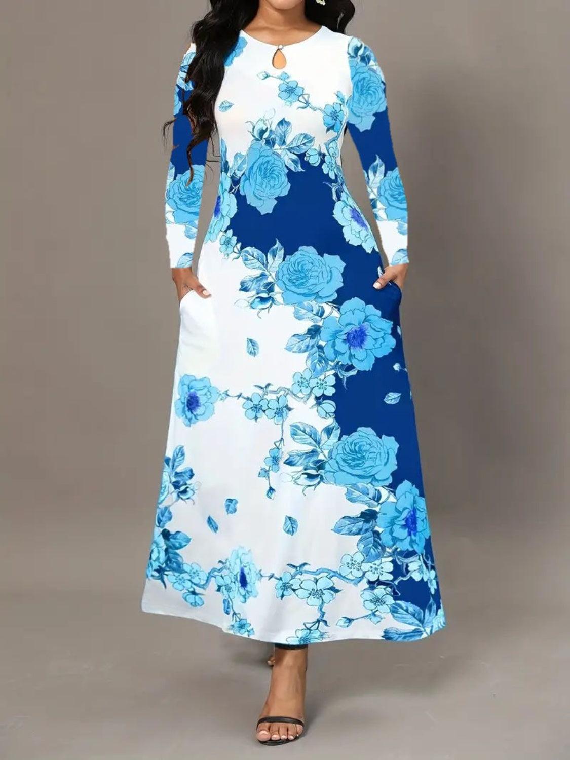Pocketed Printed Long Sleeve Dress Carauana Store