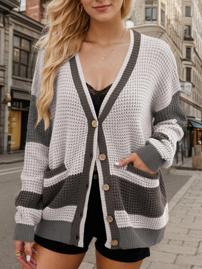 Contrast Button Up Long Sleeve Cardigan CaRaUaNa Fashion