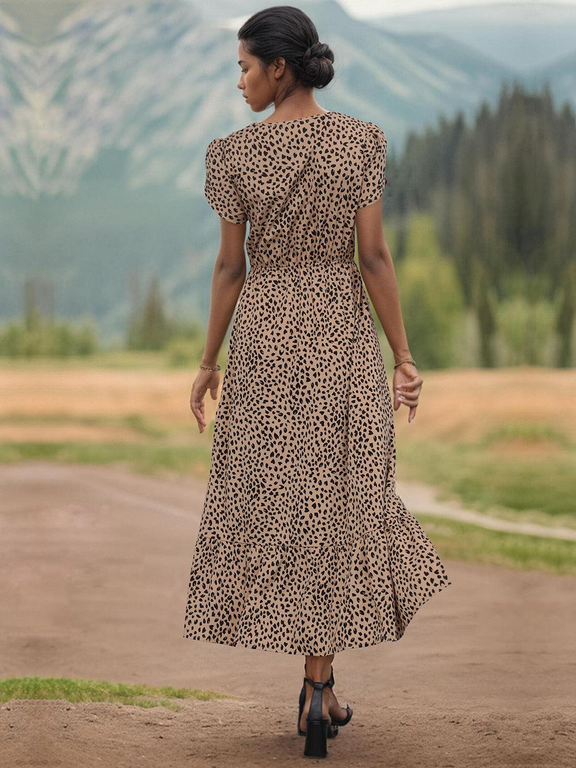 Slit Printed V-Neck Short Sleeve Dress CaRaUaNa Fashion