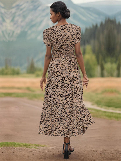 Slit Printed V-Neck Short Sleeve Dress CaRaUaNa Fashion