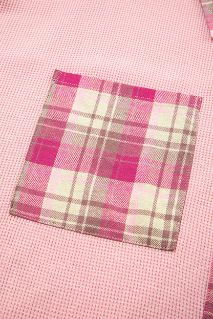 Pink Waffle Patch Pocket Plaid Patchwork Plus Size Shirt