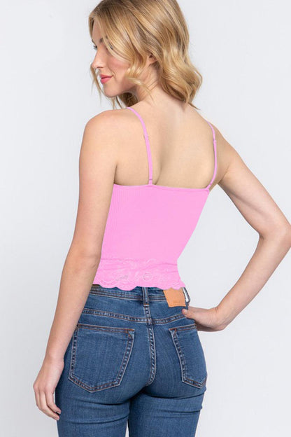 ACTIVE BASIC V-Neck Lace Detail Ribbed Seamless Cami Carauana Store