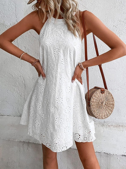 Eyelet Grecian Neck Mini Dress Carauana Store