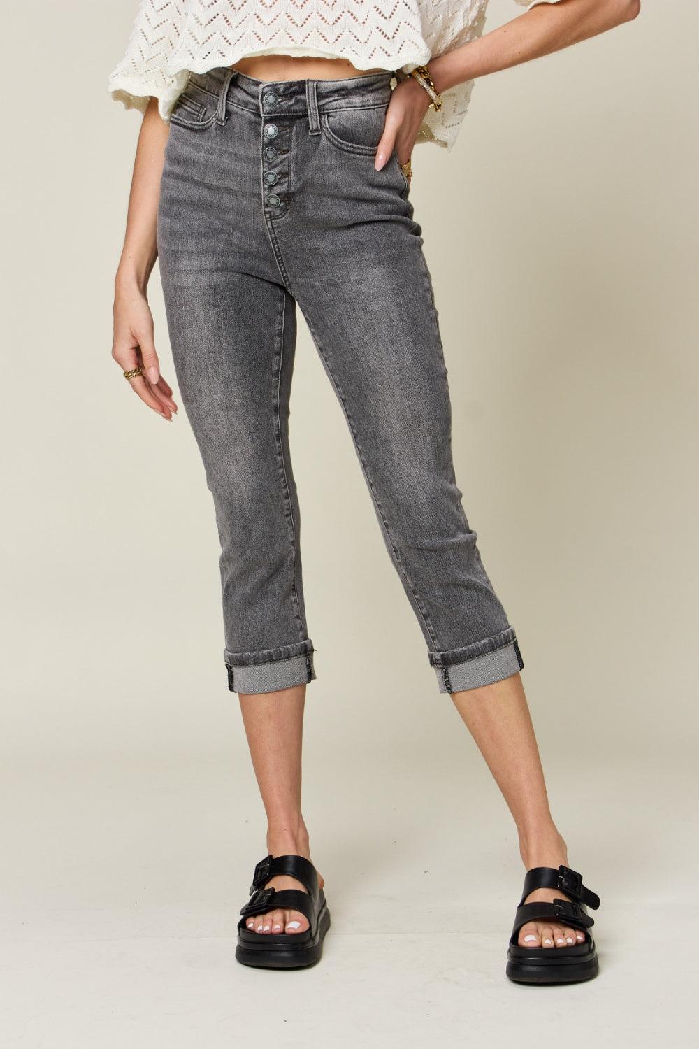 Judy Blue Full Size Button Fly High Waist Cuffed Capris Carauana Store