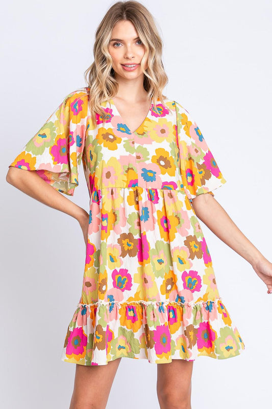 GeeGee Full Size Floral V-Neck Ruffle Trim Mini Dress Carauana Store
