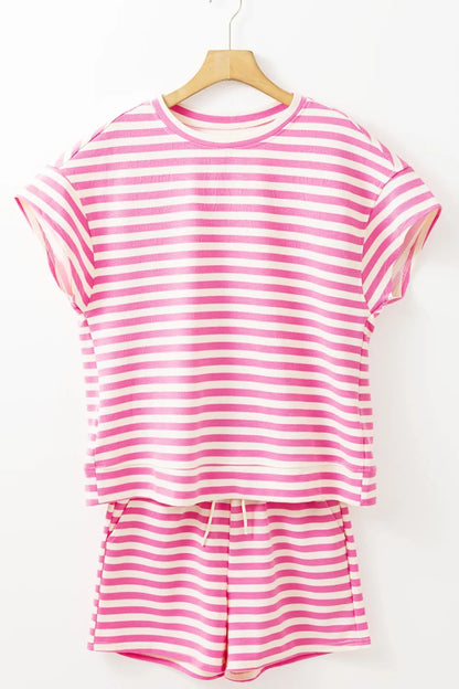 Striped Round Neck T-Shirt and Drawstring Shorts Set Carauana Store