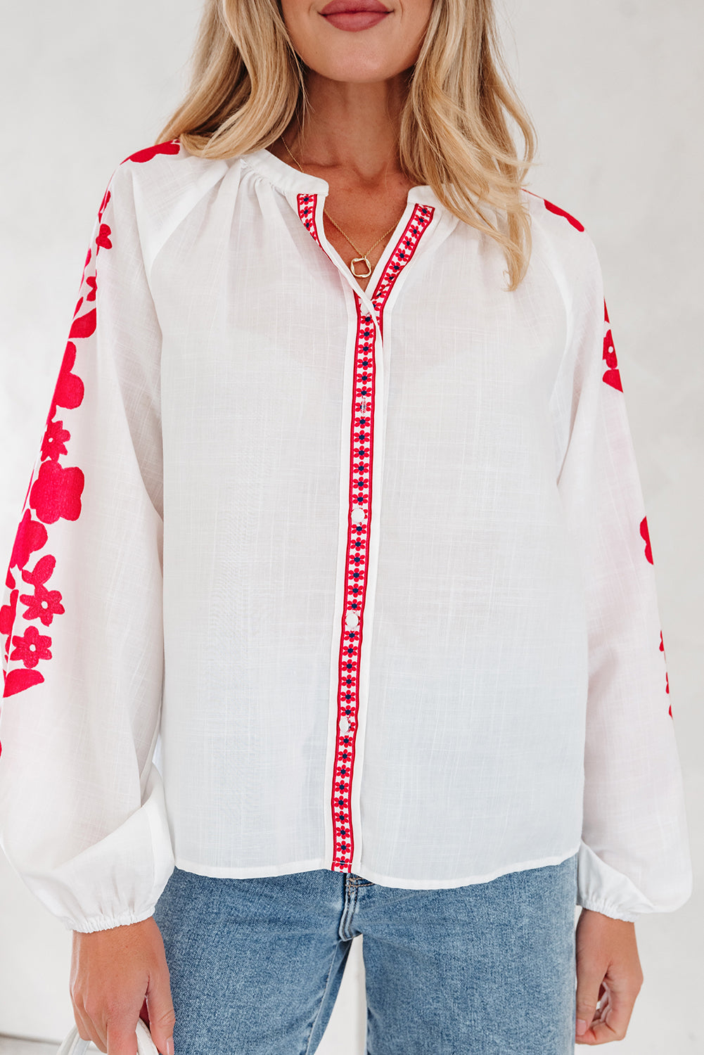 White Floral Embroidered Puff Long Sleeve Casual Shirt