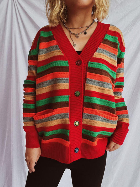 Contrast Stripes Button Up Long Sleeve Cardigan Carauana Store