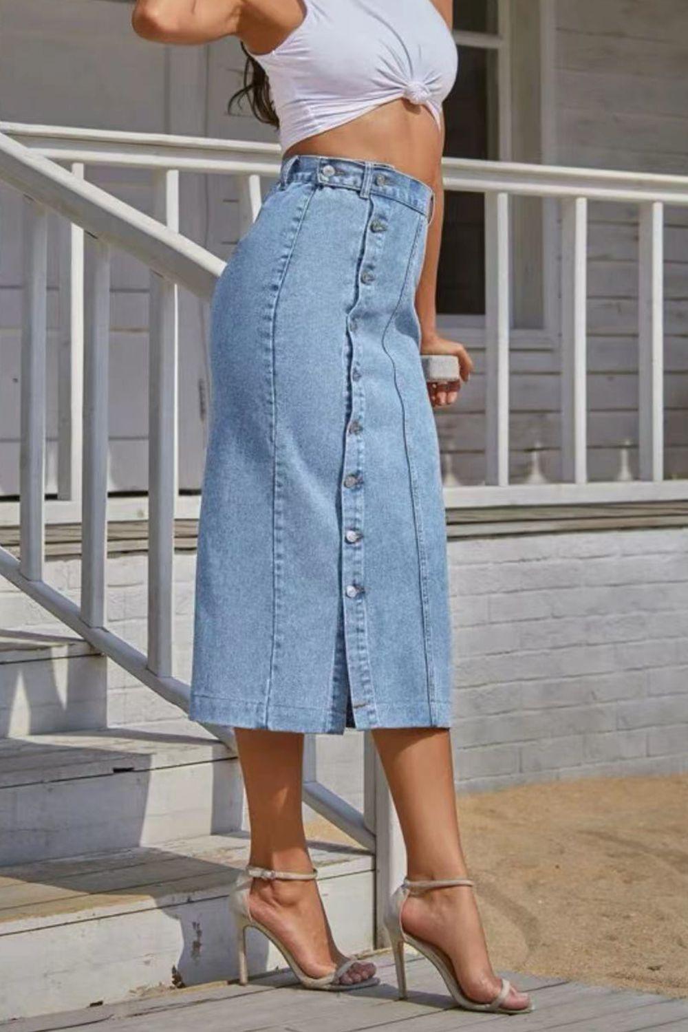 Buttoned Split Denim Skirt CaRaUaNa Fashion
