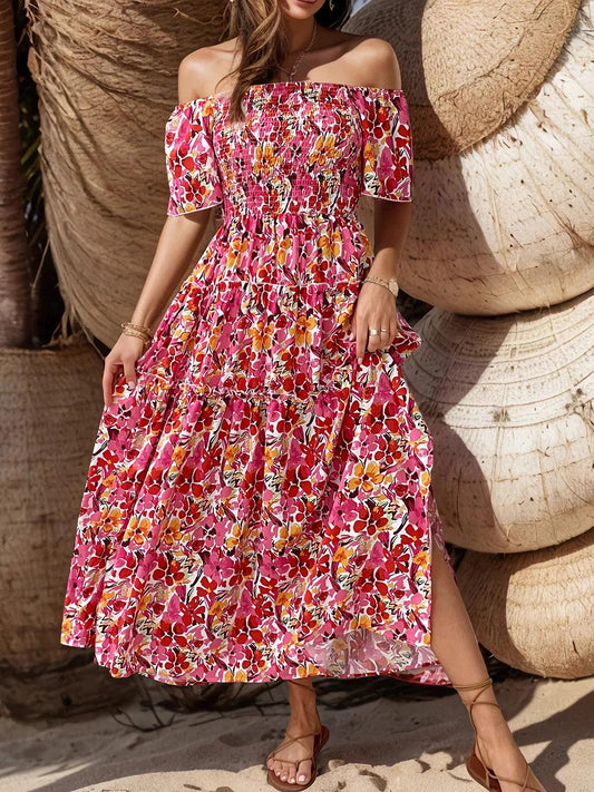Slit Floral Off-Shoulder Short Sleeve Dress Carauana Store