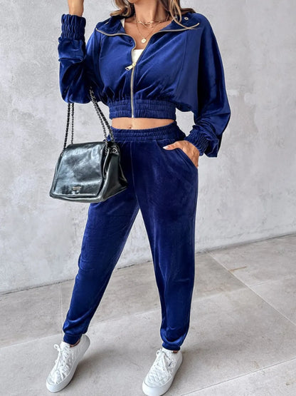 Zip Up Long Sleeve Cropped Top and Joggers Set Carauana Store