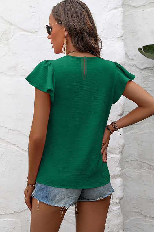 Blackish Green Flounce Sleeve Pleated Textured Blouse