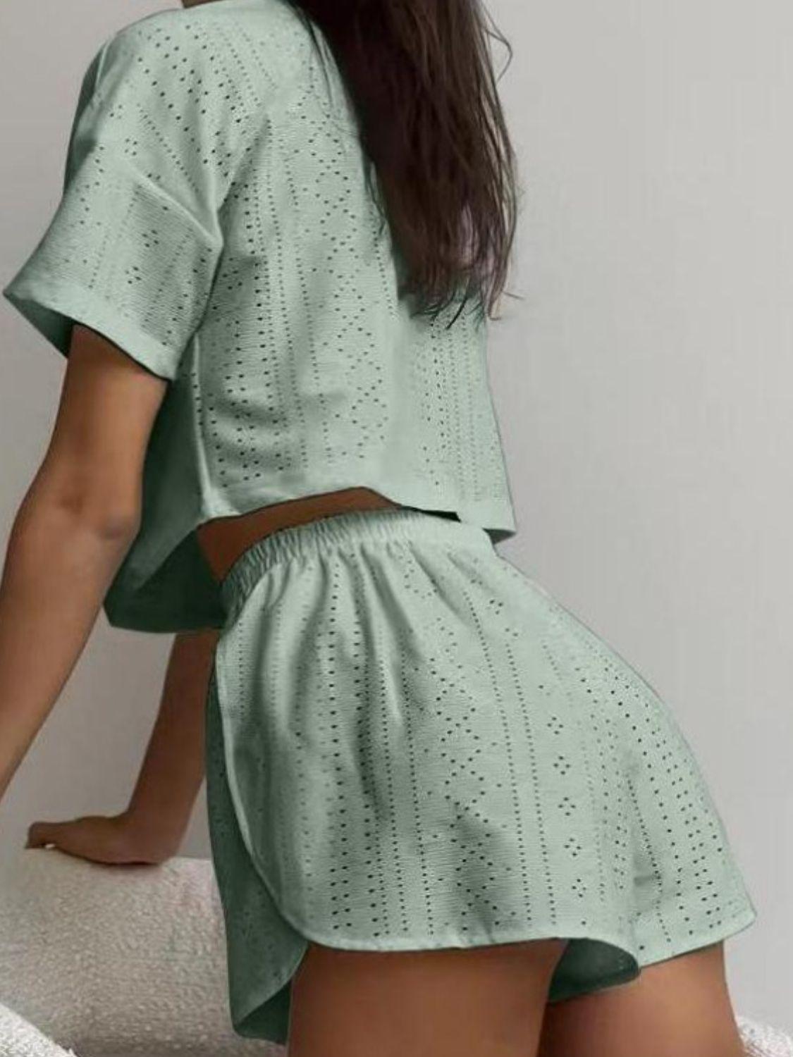 Eyelet Round Neck Top and Shorts Set Carauana Store