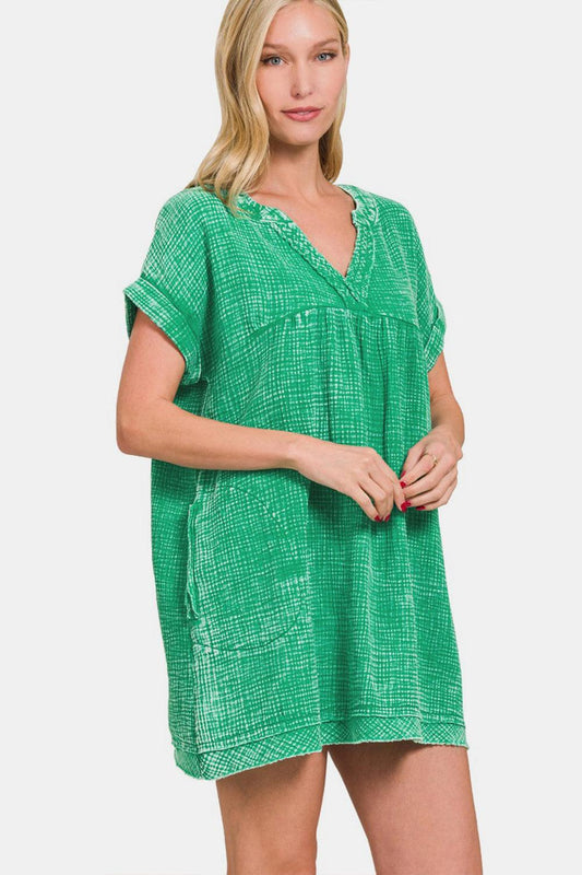 Zenana Washed Notched Short Sleeve Mini Dress Carauana Store