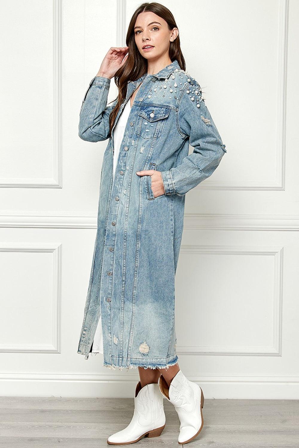 Veveret Full Size Distressed Raw Hem Pearl Detail Button Up Jacket Carauana Store