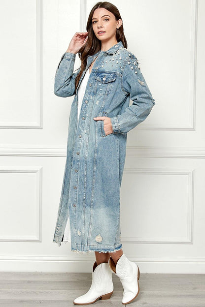 Veveret Full Size Distressed Raw Hem Pearl Detail Button Up Jacket Carauana Store