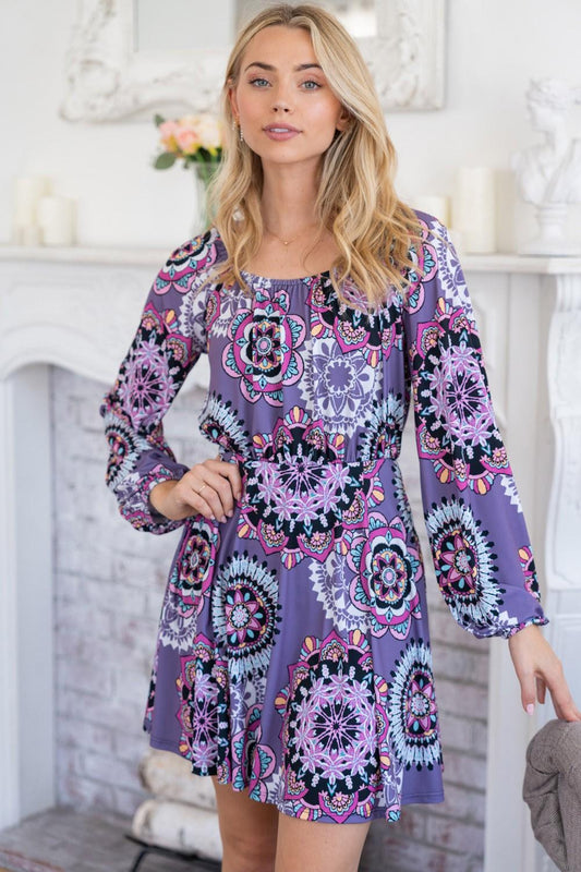 White Birch Printed Long Sleeve Mini Dress with Short Liner Carauana Store