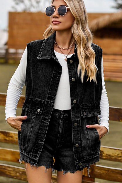 Sleeveless Collared Neck Denim Top with Pockets Carauana Store
