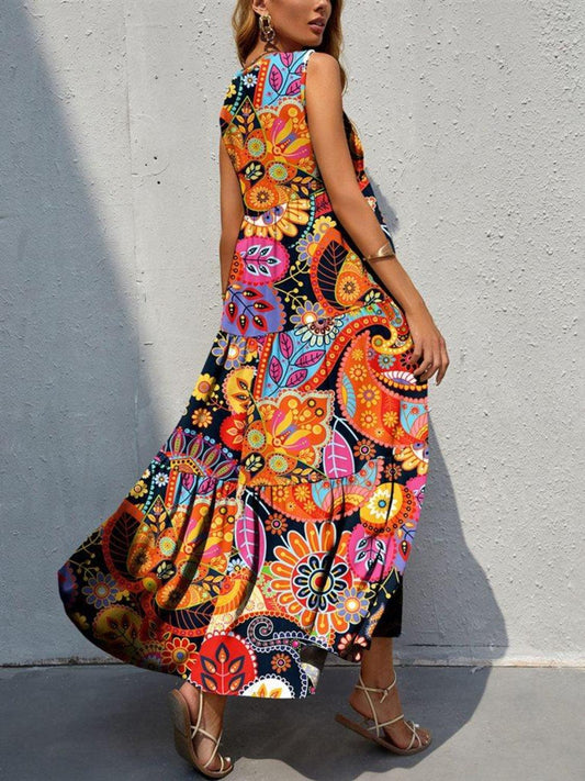 Tiered Printed V-Neck Sleeveless Dress Carauana Store