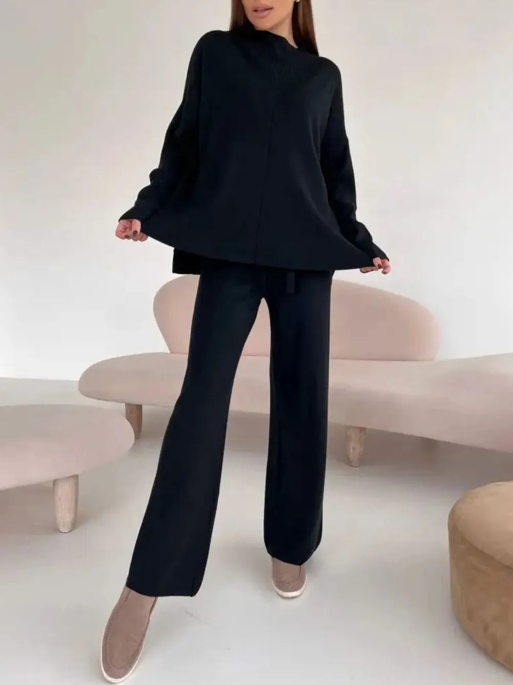 Slit Mock Neck Top and Pants Sweater Set Carauana Store
