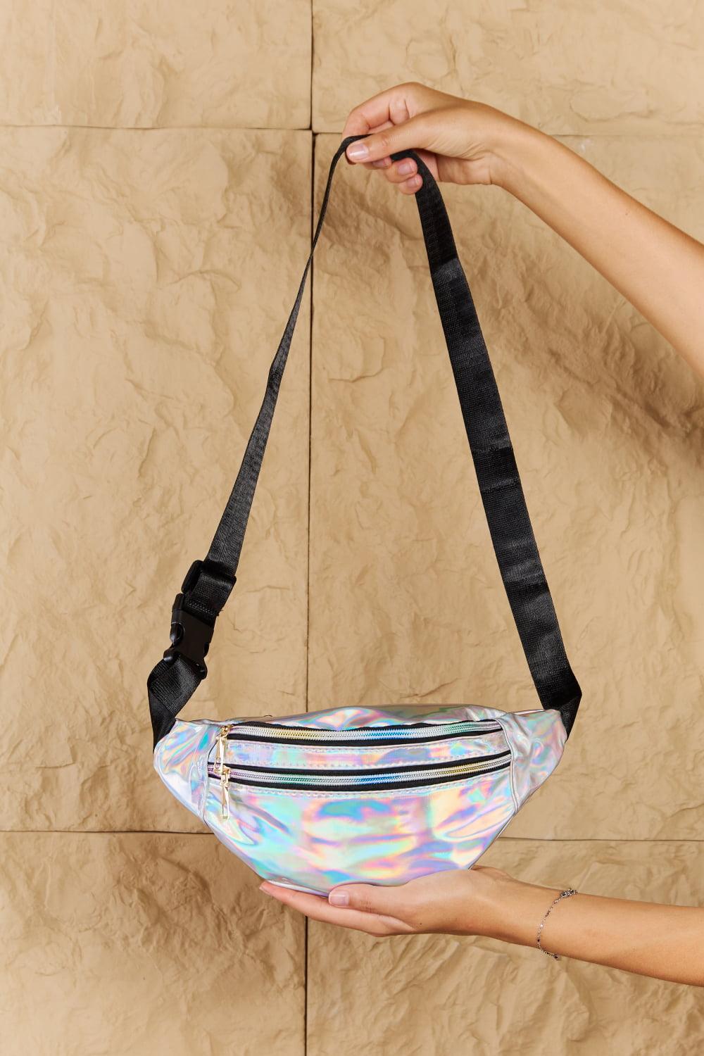Fame Good Vibrations Holographic Double Zipper Fanny Pack in Silver Carauana Store