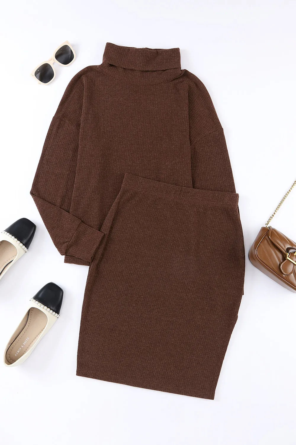 Mock Neck Long Sleeve Top and Slit Skirt Set Carauana Store