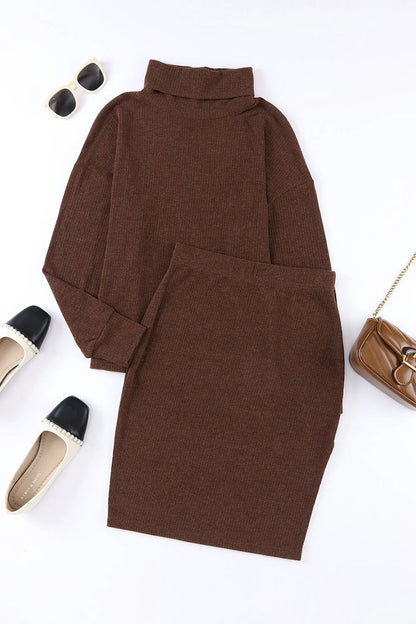 Mock Neck Long Sleeve Top and Slit Skirt Set Carauana Store
