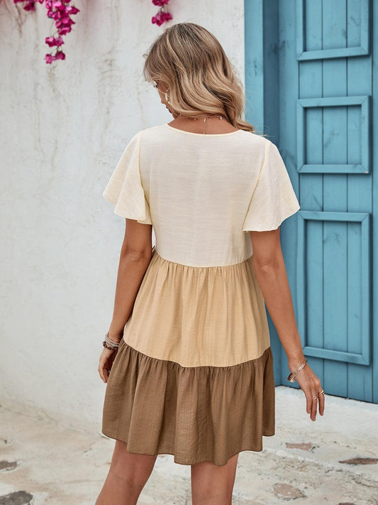 Color Block V-Neck Flutter Sleeve Mini Dress Carauana Store