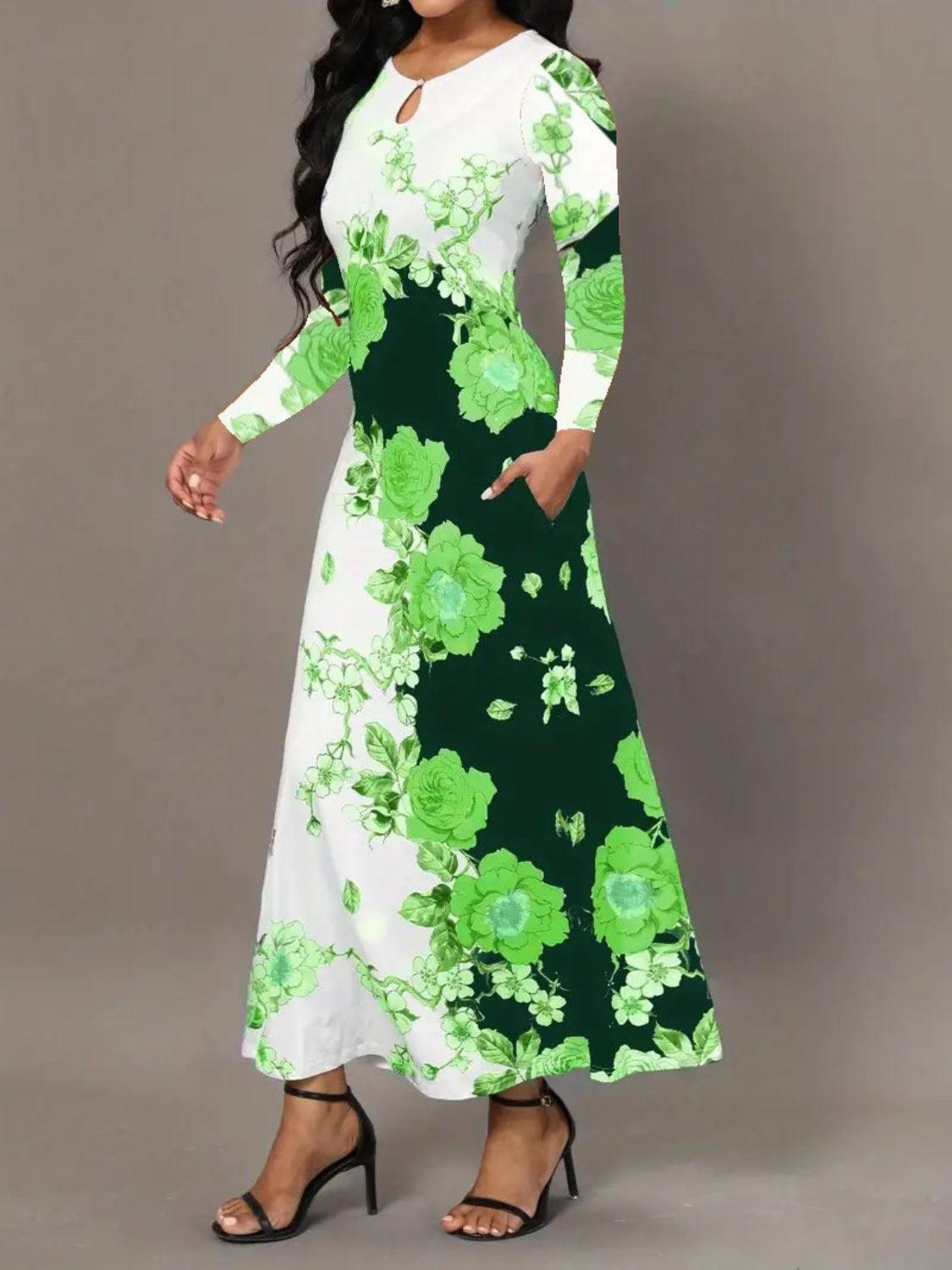Pocketed Printed Long Sleeve Dress Carauana Store
