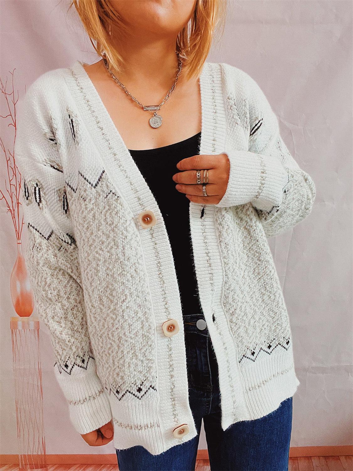 Geometric Button Front Long Sleeve Cardigan Carauana Store