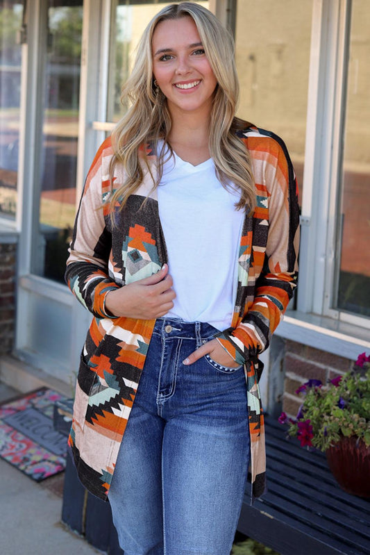 Geometric Open Front Long Sleeve Cardigan with Pockets Carauana Store