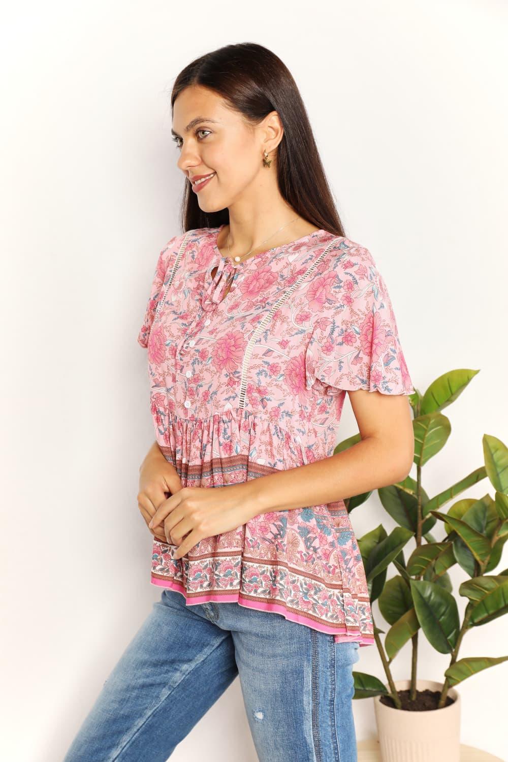 Perfee Bohemian Decorative Button Tie-Neck Peplum Blouse Carauana Store
