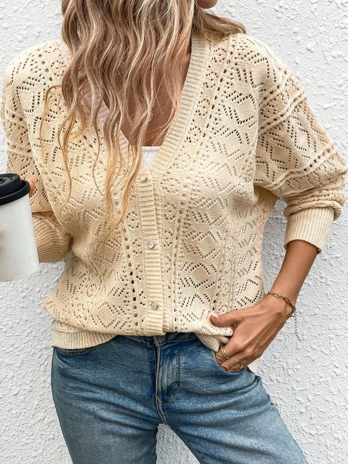 Perfee Openwork Button Up Long Sleeve Cardigan Carauana Store