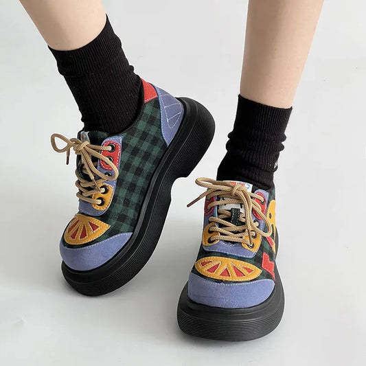 Lace Up Round Toe Plaid Platform Sneakers Carauana Store