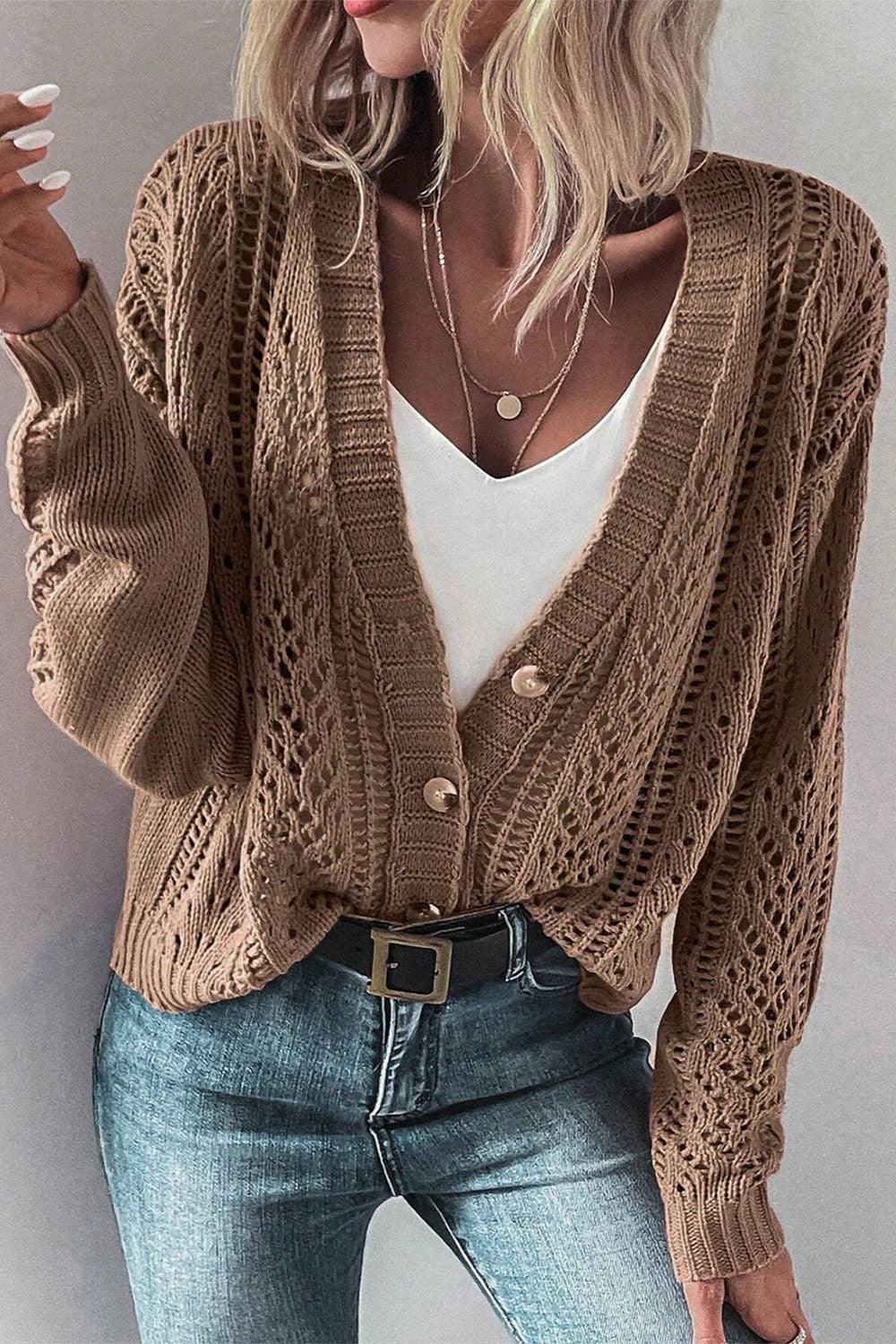 Openwork Button Up Long Sleeve Cardigan Carauana Store
