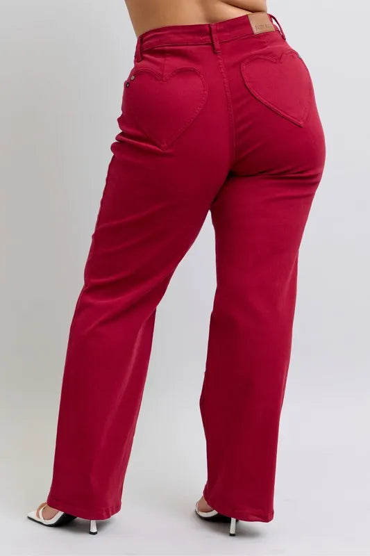 Judy Blue Full Size High Waist Heart Shaped Back Pockets 90's Straight Jeans Plus Size Carauana Store