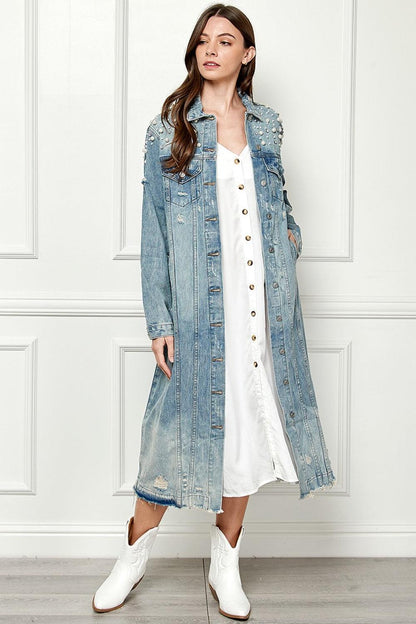 Veveret Full Size Distressed Raw Hem Pearl Detail Button Up Jacket Carauana Store