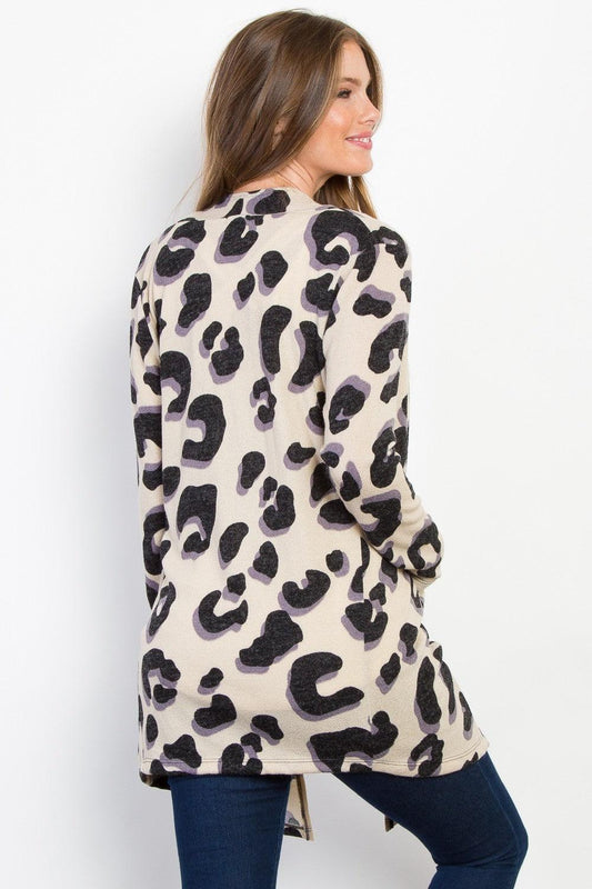 Be Stage Printed Open Front Knit Cardigan with Pockets Carauana Store