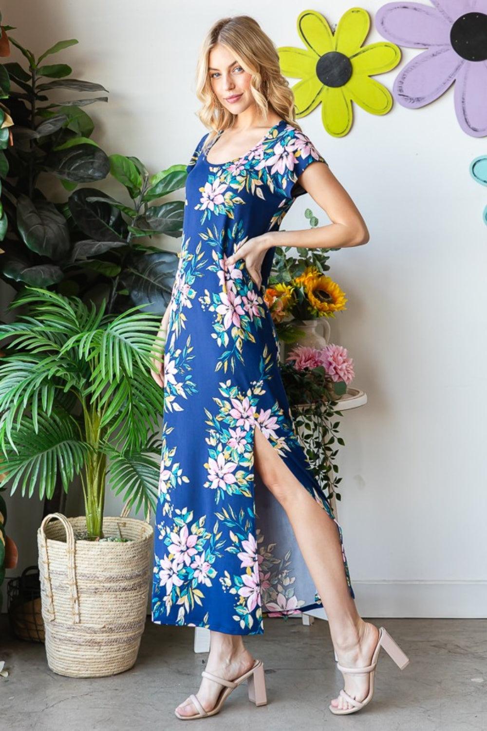 Heimish Full Size Floral Short Sleeve Slit Dress Carauana Store
