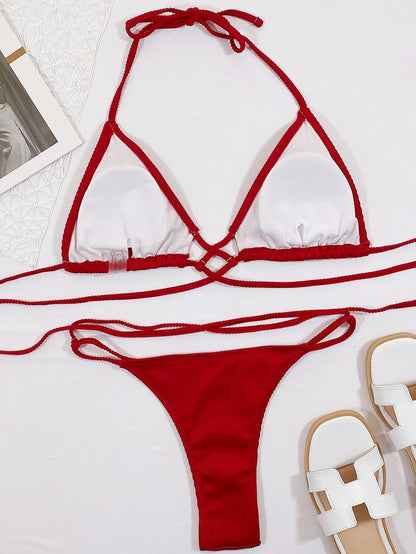 Halter Neck Crisscross Ribbed Bikini Set Carauana Store