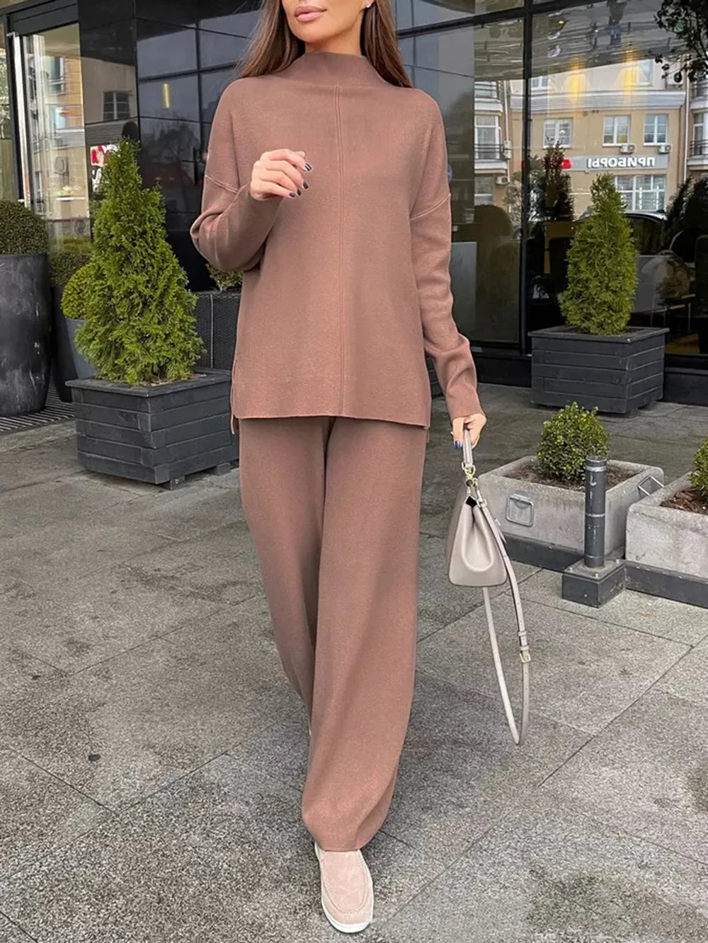 Slit Mock Neck Top and Pants Sweater Set Carauana Store