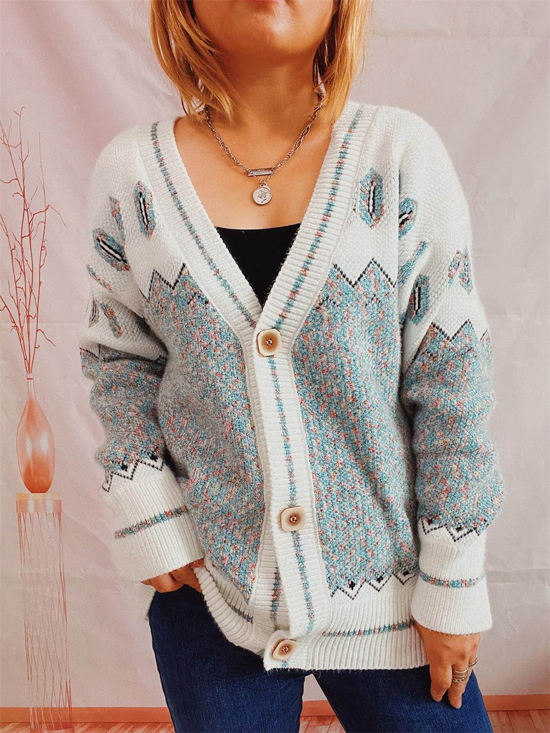Geometric Button Front Long Sleeve Cardigan Carauana Store