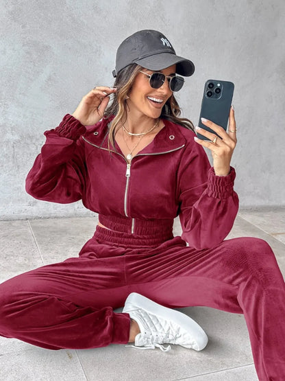 Zip Up Long Sleeve Cropped Top and Joggers Set Carauana Store