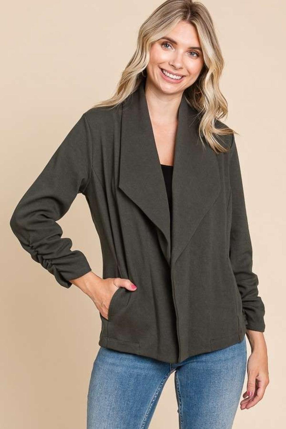Culture Code Full Size Ruched Open Front Long Sleeve Jacket Carauana Store
