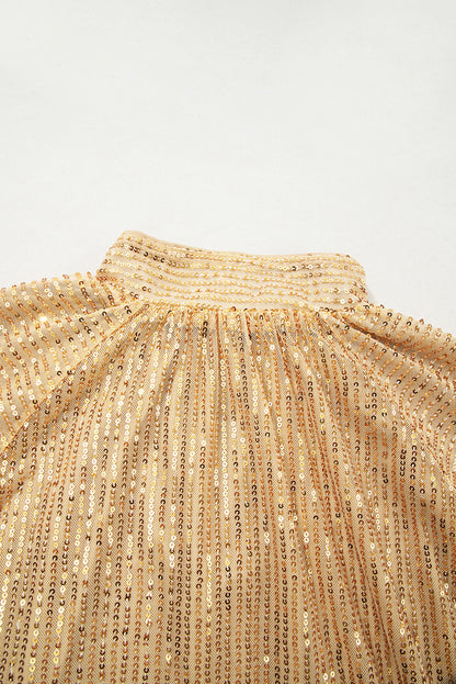Gold Metallic Balloon Sleeve Buttoned High Neck Loose Blouse